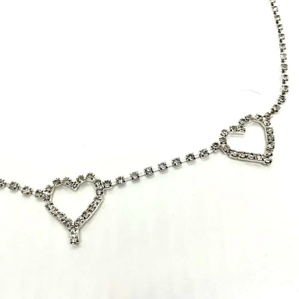 Y2K RHINESTONE BELT Silver Tone Heart Chain Waist Belt Body Chain